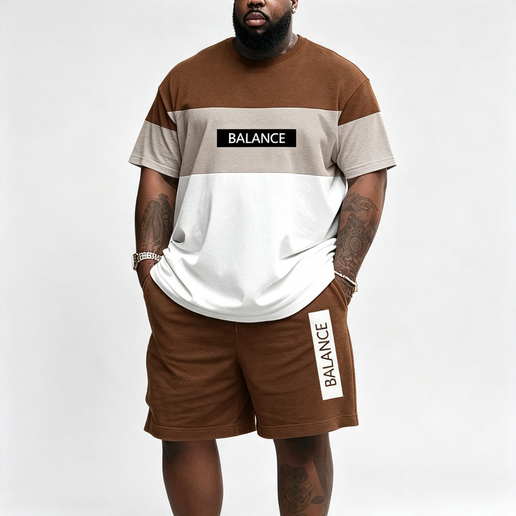 Men's Plus Size "BALANCE" Color Block 2-Piece Short Set – Casual Streetwear Tracksuit