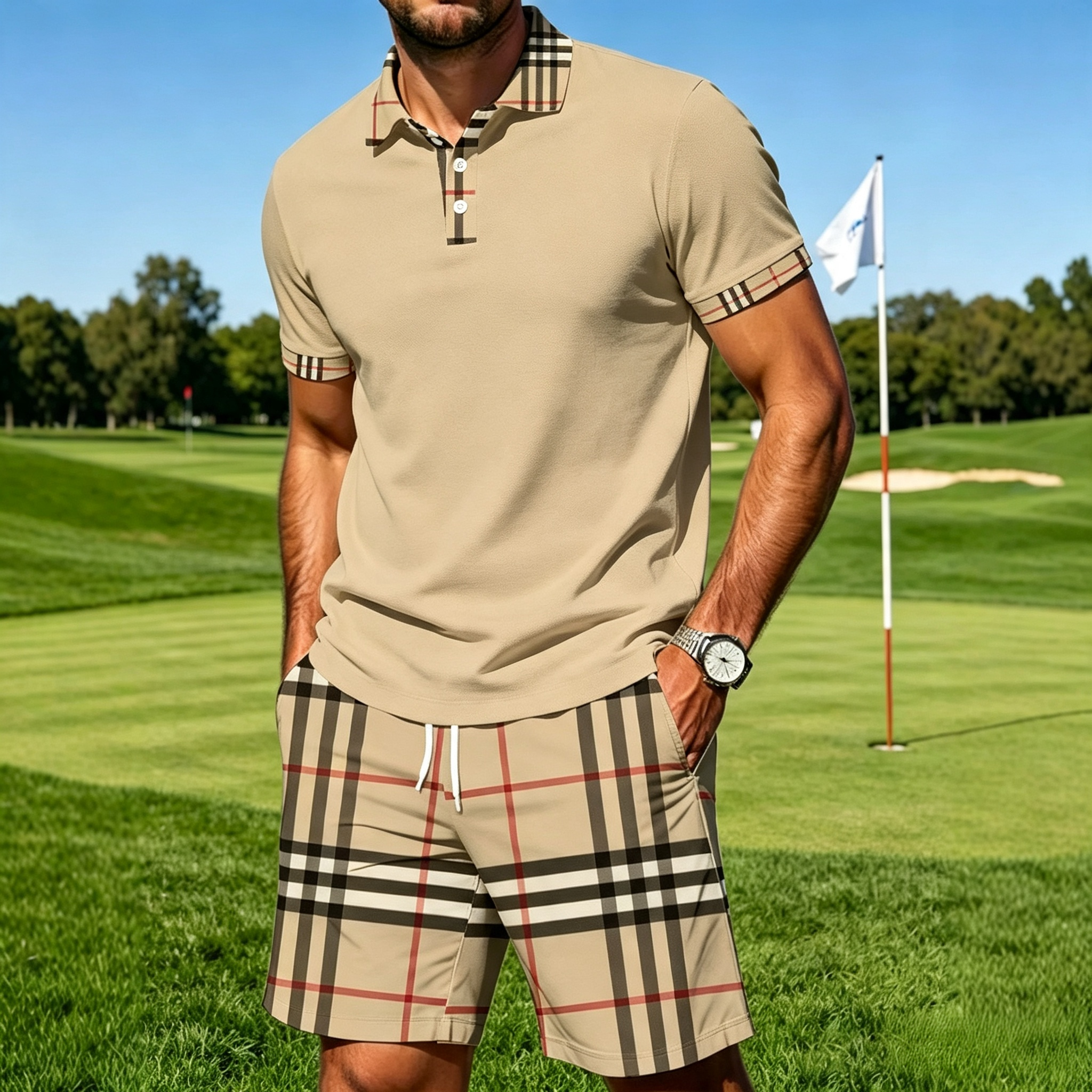 Men's Plaid Trim Polo & Plaid Drawstring Shorts 2‑Piece Casual Outfit Set