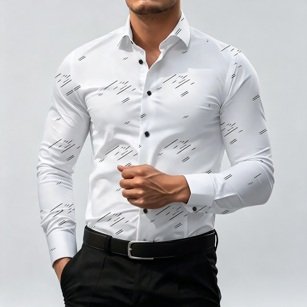 Men's Long Sleeve Dress Shirt With Abstract Line Print