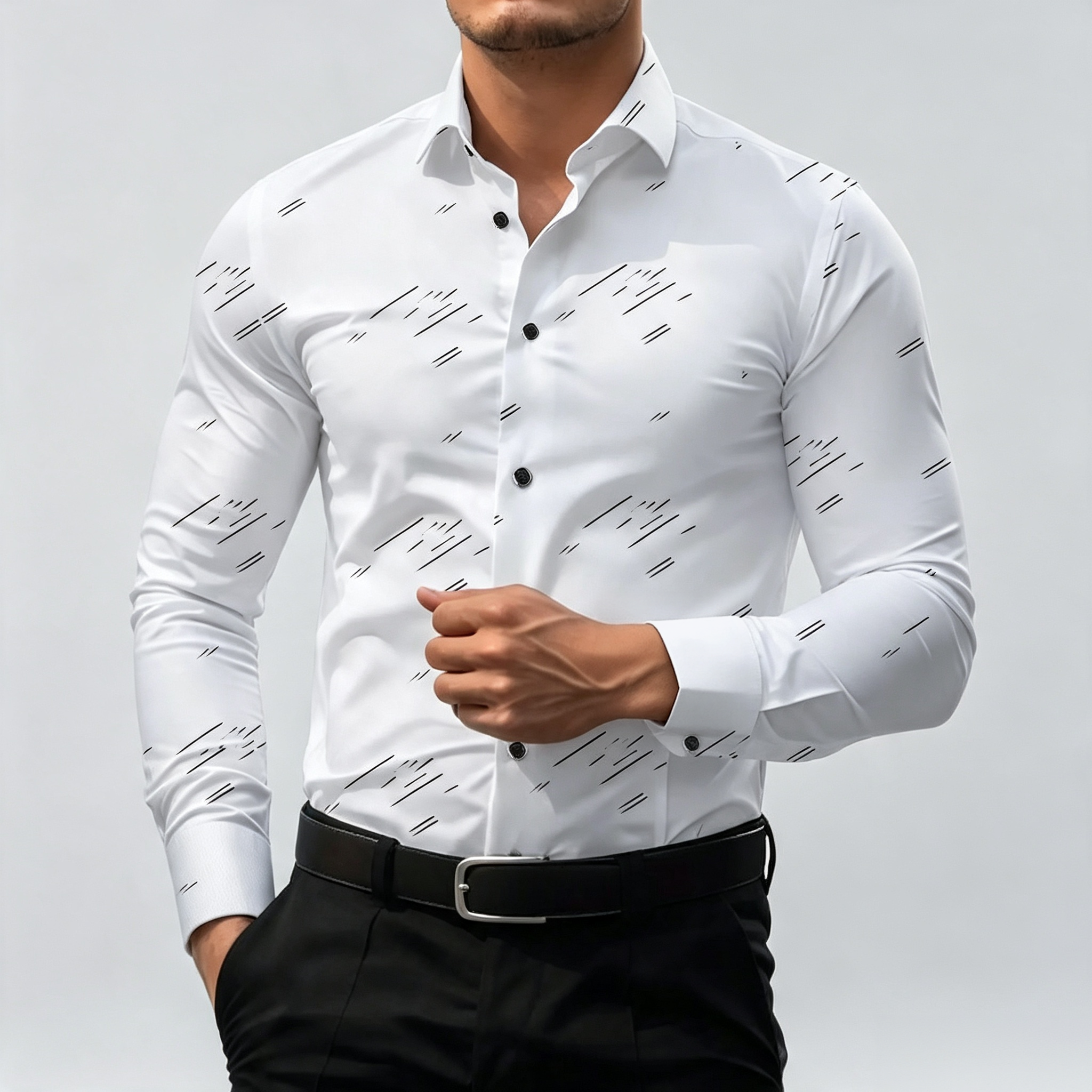 Men's Long Sleeve Dress Shirt With Abstract Line Print