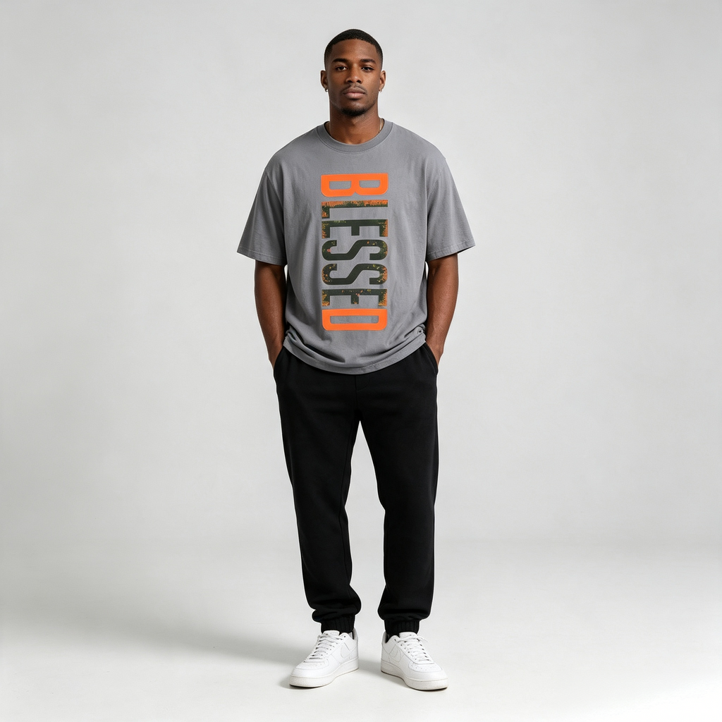 Men's Oversized Short Sleeve T‑Shirt Blessed Letter Graphic Print