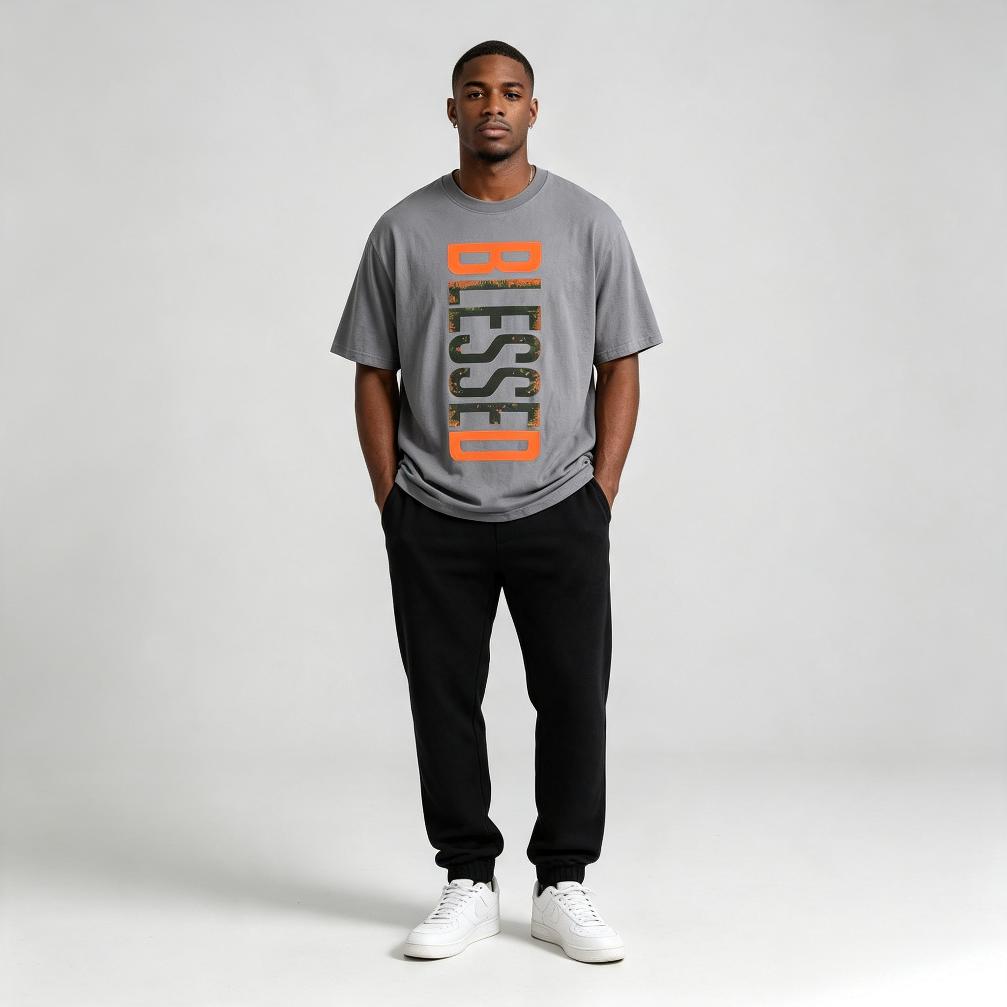 Men's Oversized Short Sleeve T‑Shirt Blessed Letter Graphic Print