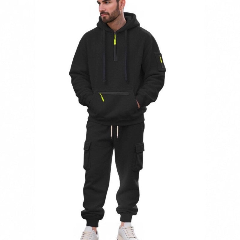 Men Half Zip Hoodie Cargo Jogger Tracksuit 2‑Piece Set