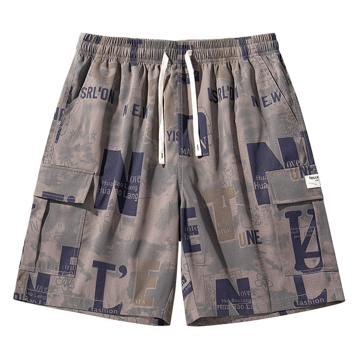 Men Letter Print Cargo Shorts Elastic Waist Drawstring Casual Shorts