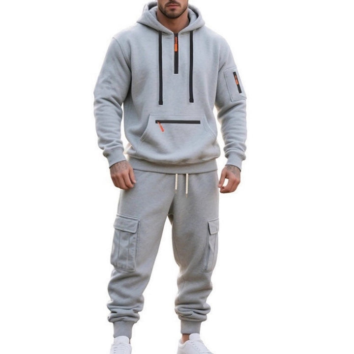 Men Half Zip Hoodie Cargo Jogger Tracksuit 2‑Piece Set