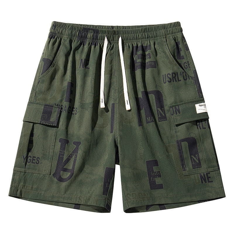 Men Letter Print Cargo Shorts Elastic Waist Drawstring Casual Shorts