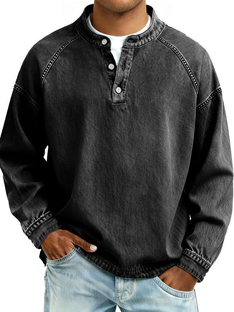 Men's Washed Denim Henley Long Sleeve Shirt – Vintage Raglan Casual Top