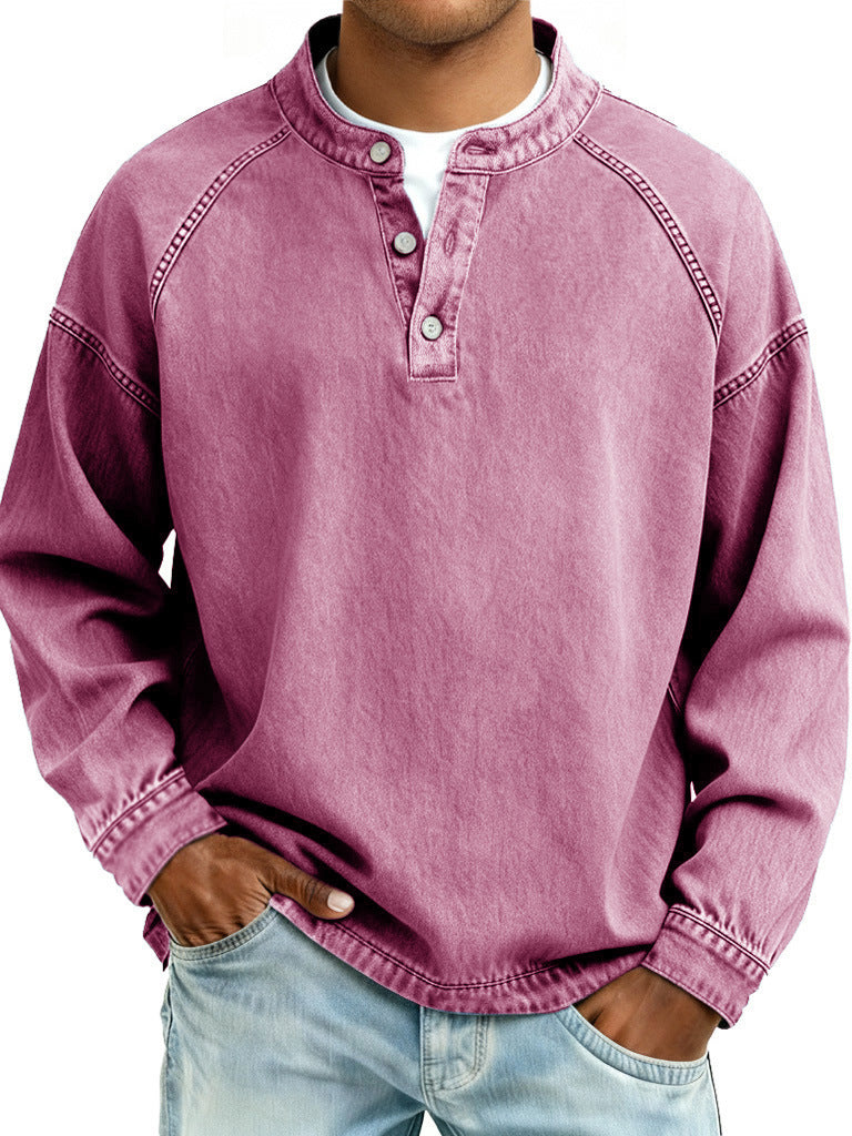Men's Washed Denim Henley Long Sleeve Shirt – Vintage Raglan Casual Top