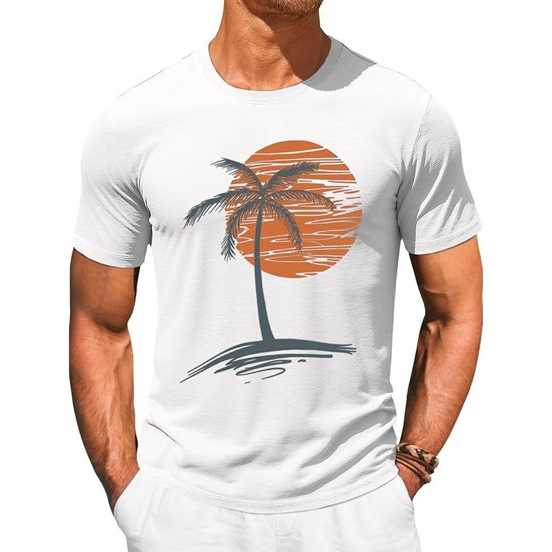 Men's Tropical Palm Tree Sunset Graphic Crew Neck Short‑Sleeve Casual T‑Shirt