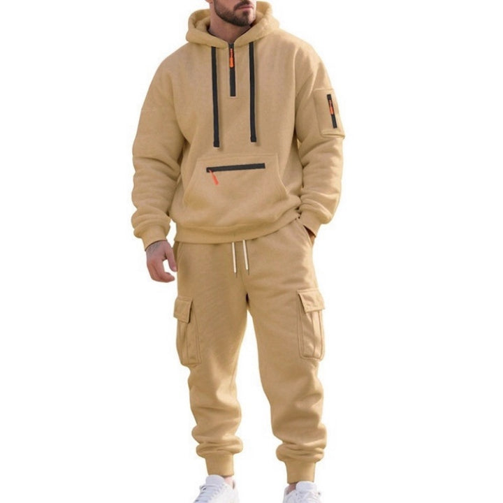 Men Half Zip Hoodie Cargo Jogger Tracksuit 2‑Piece Set