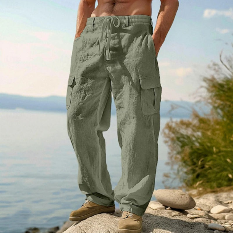 Men's Drawstring Waist Cargo Linen Pants