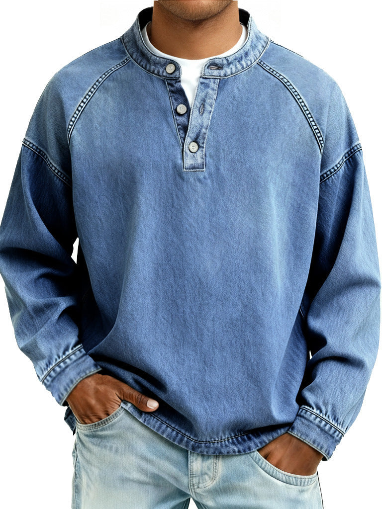 Men's Washed Denim Henley Long Sleeve Shirt – Vintage Raglan Casual Top