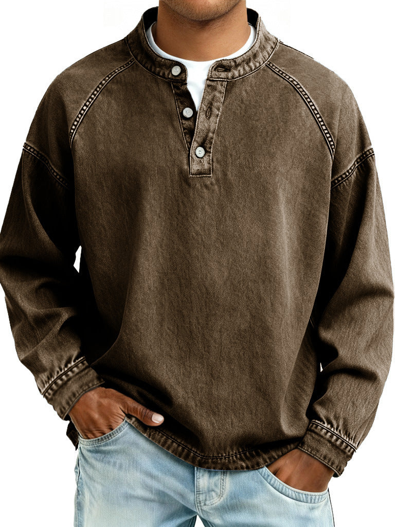 Men's Washed Denim Henley Long Sleeve Shirt – Vintage Raglan Casual Top