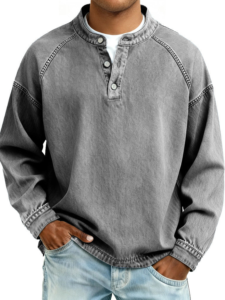 Men's Washed Denim Henley Long Sleeve Shirt – Vintage Raglan Casual Top