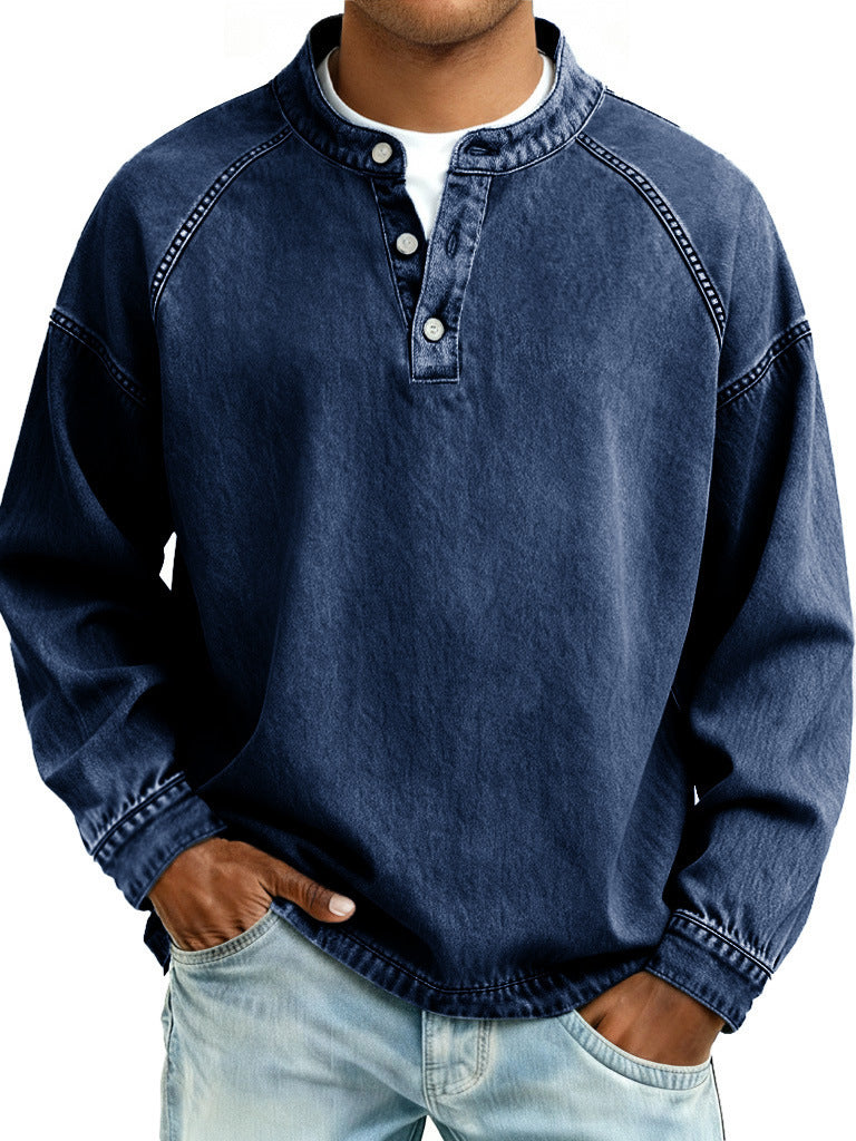 Men's Washed Denim Henley Long Sleeve Shirt – Vintage Raglan Casual Top