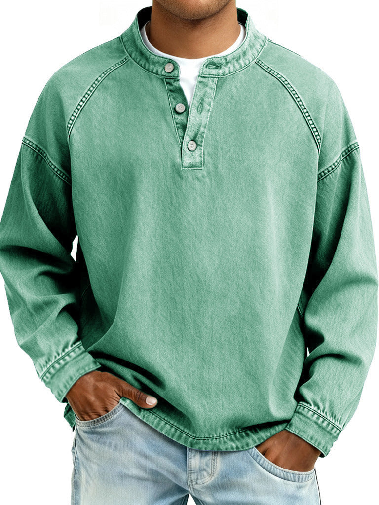 Men's Washed Denim Henley Long Sleeve Shirt – Vintage Raglan Casual Top