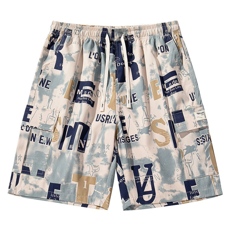 Men Letter Print Cargo Shorts Elastic Waist Drawstring Casual Shorts