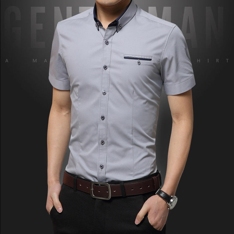 Men's Short Sleeve Button‑Down Dress Shirt Contrast Collar Pocket Business Casual Shirts