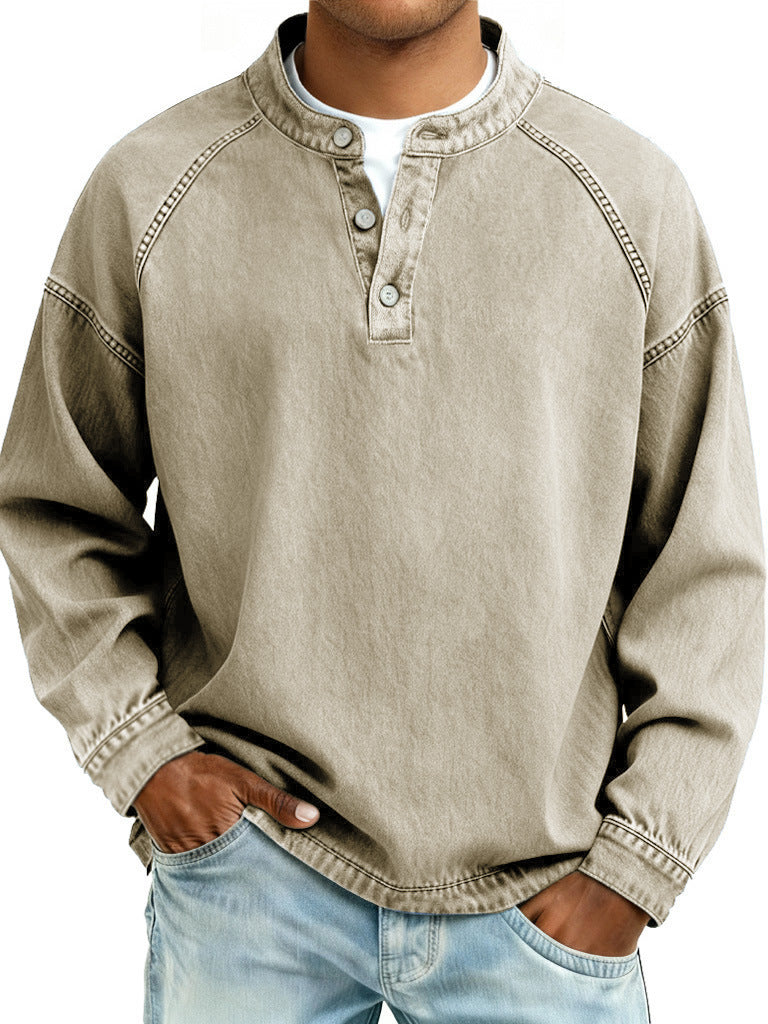 Men's Washed Denim Henley Long Sleeve Shirt – Vintage Raglan Casual Top