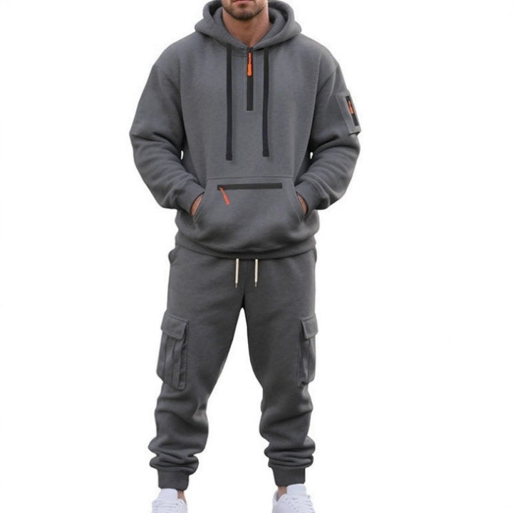 Men Half Zip Hoodie Cargo Jogger Tracksuit 2‑Piece Set