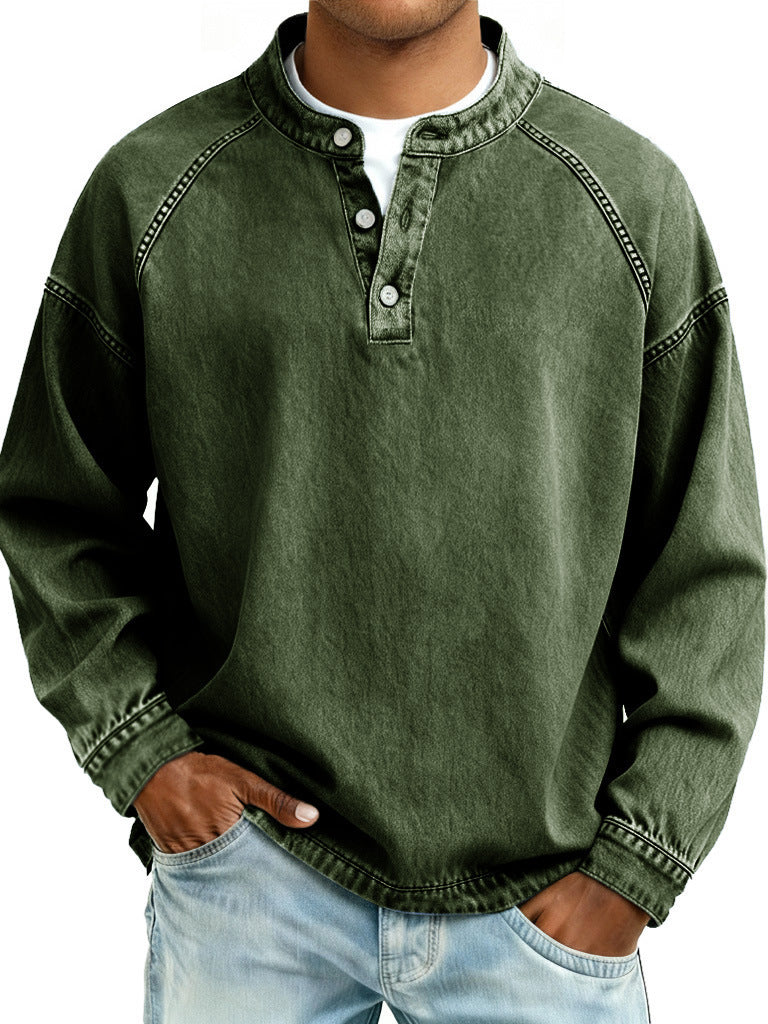 Men's Washed Denim Henley Long Sleeve Shirt – Vintage Raglan Casual Top