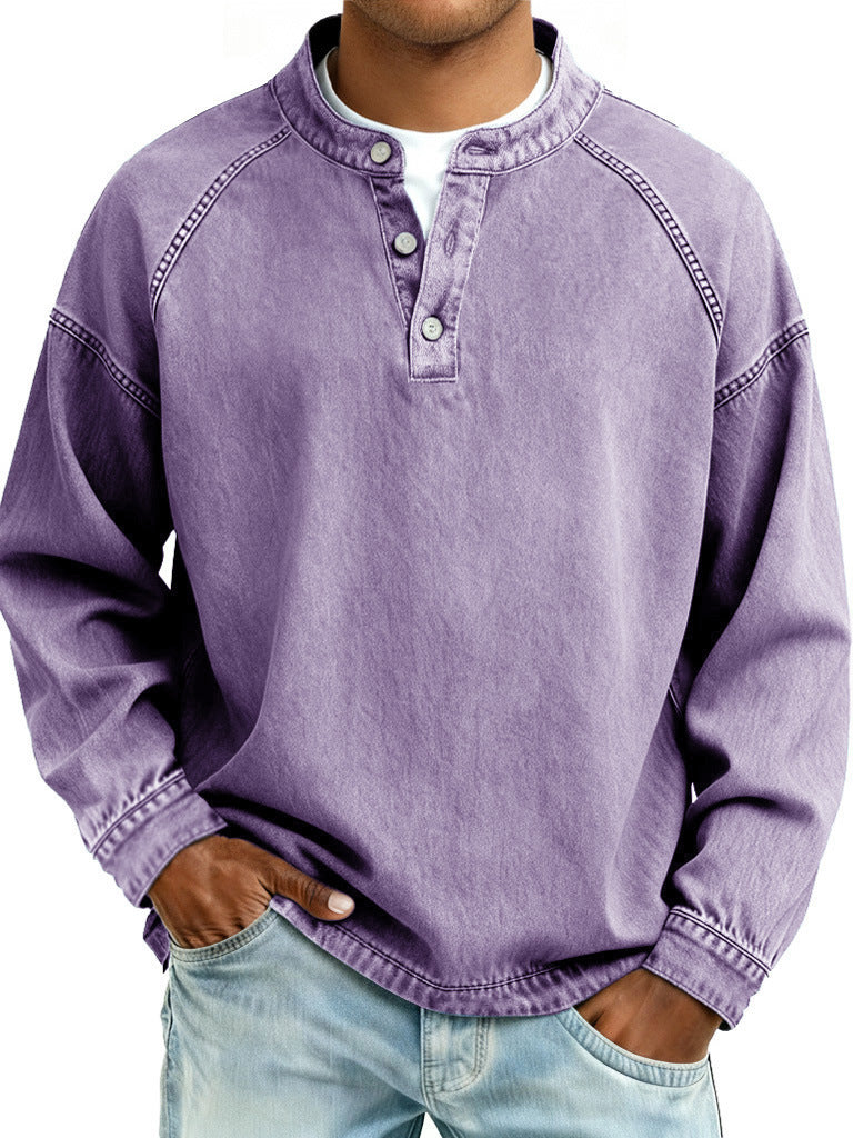Men's Washed Denim Henley Long Sleeve Shirt – Vintage Raglan Casual Top