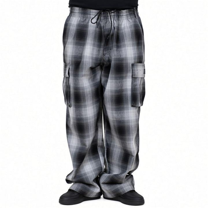 Men Plaid Drawstring Wide‑Leg Cargo Pants