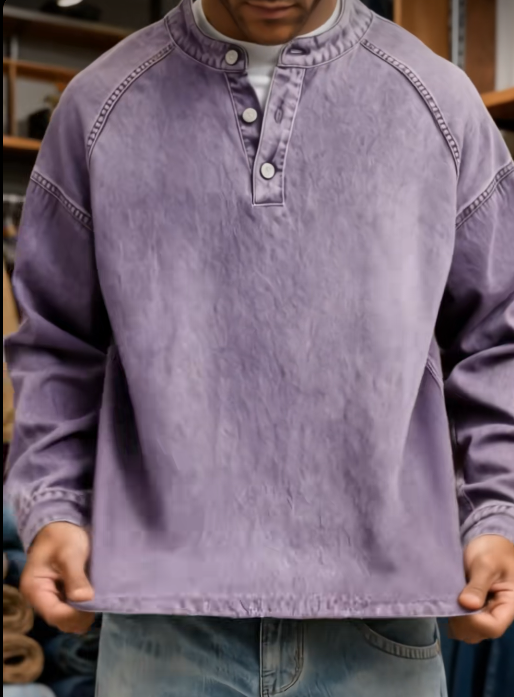 Men's Washed Denim Henley Long Sleeve Shirt – Vintage Raglan Casual Top