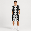 Men's Black & White Geometric Print 2-Piece Short Set – Casual Streetwear Tracksuit