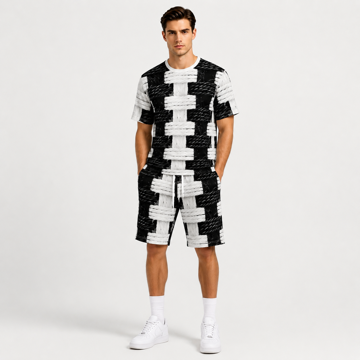 Men's Black & White Geometric Print 2-Piece Short Set – Casual Streetwear Tracksuit
