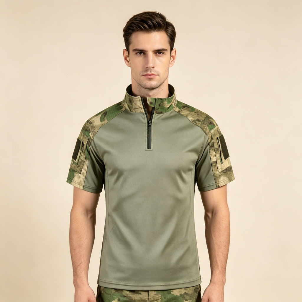 Men's Short‑Sleeve Tactical Combat Shirt 1/4 Zip Stand Collar Camo Splice Outdoor Military T‑Shirt