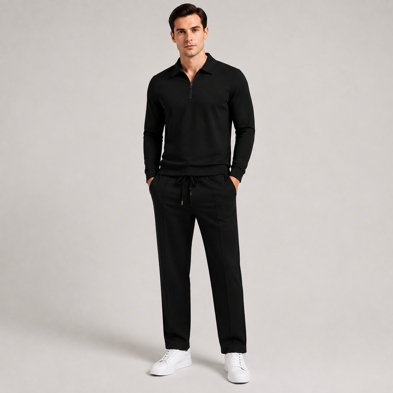 Men's Black Quarter-Zip Textured 2-Piece Tracksuit – Casual Business & Leisure Set
