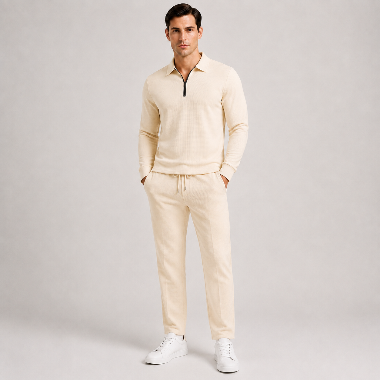 Men's Black Quarter-Zip Textured 2-Piece Tracksuit – Casual Business & Leisure Set