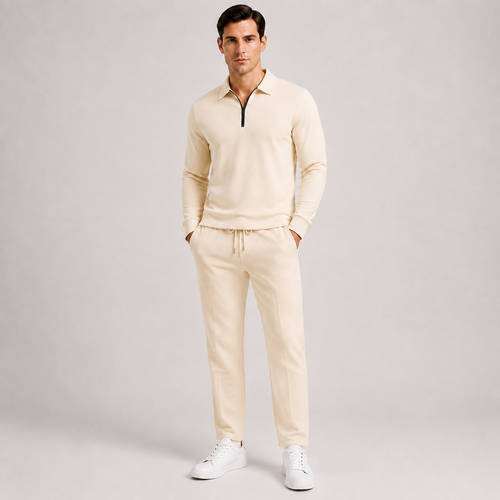 Men's Black Quarter-Zip Textured 2-Piece Tracksuit – Casual Business & Leisure Set