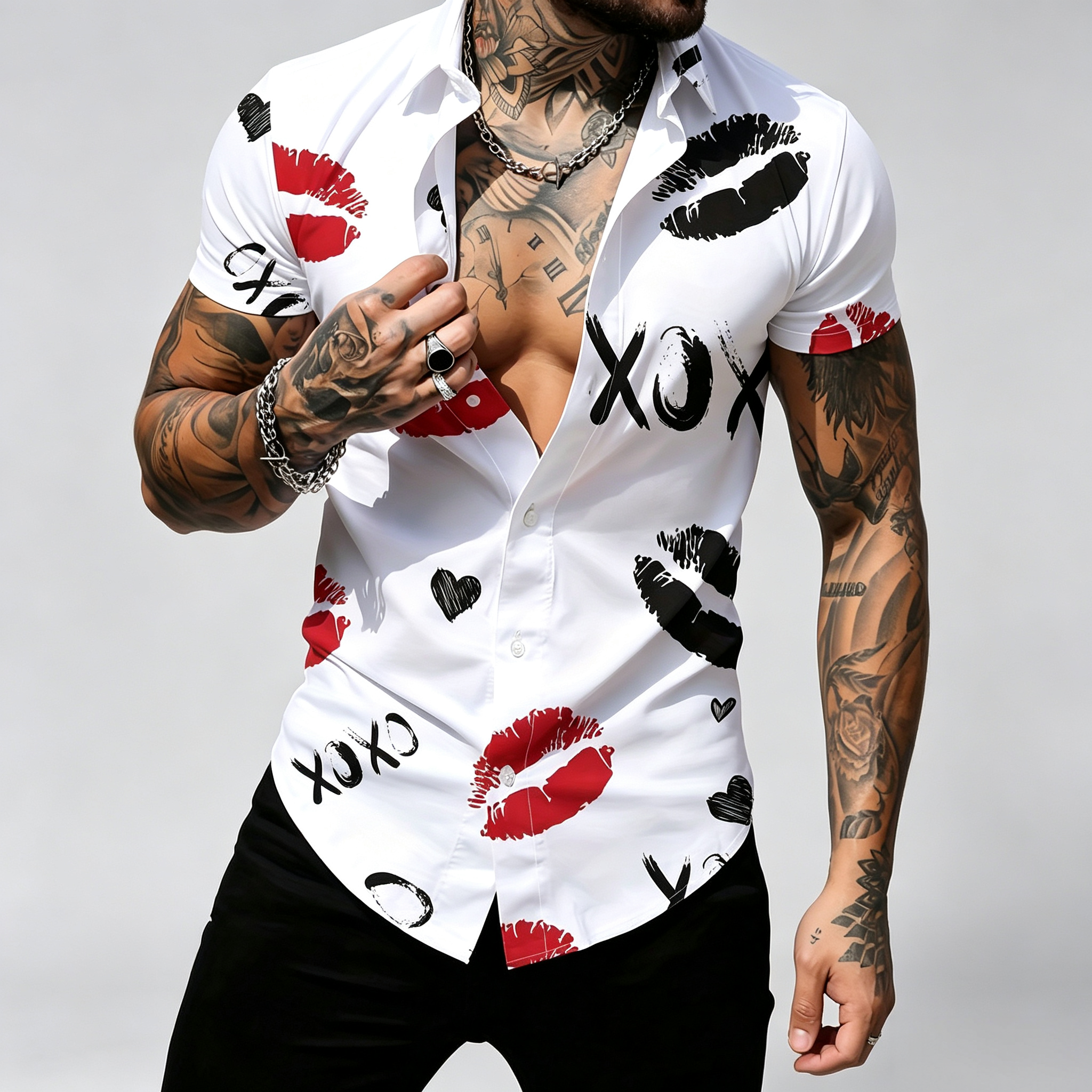 Men's Lip & Heart XOXO Print Short‑Sleeve Button Down Fashion Casual Shirt