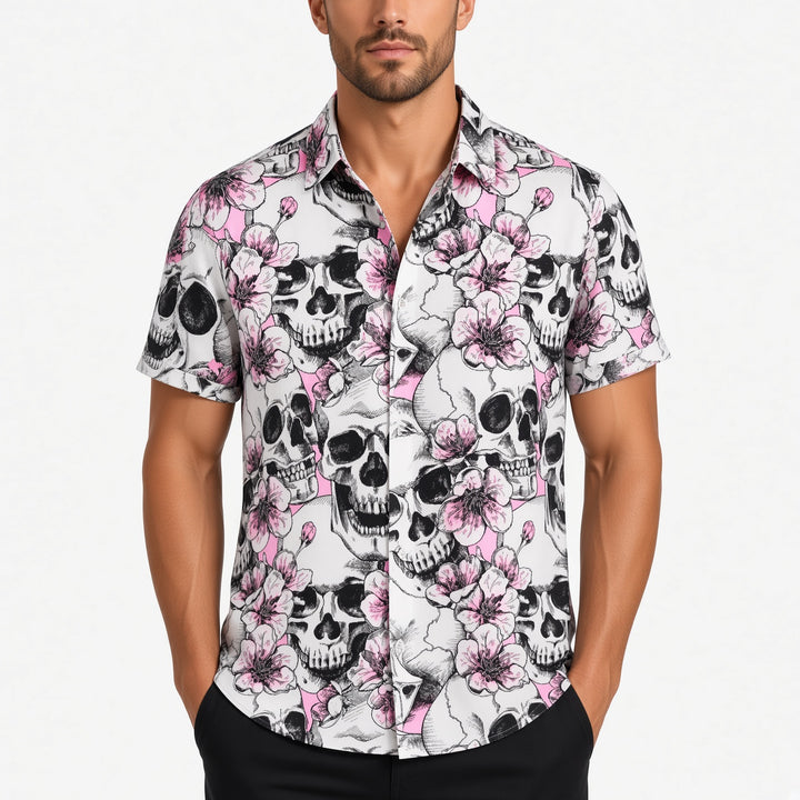 Men Halloween Skull Floral Print Short Sleeve Button Down Shirt