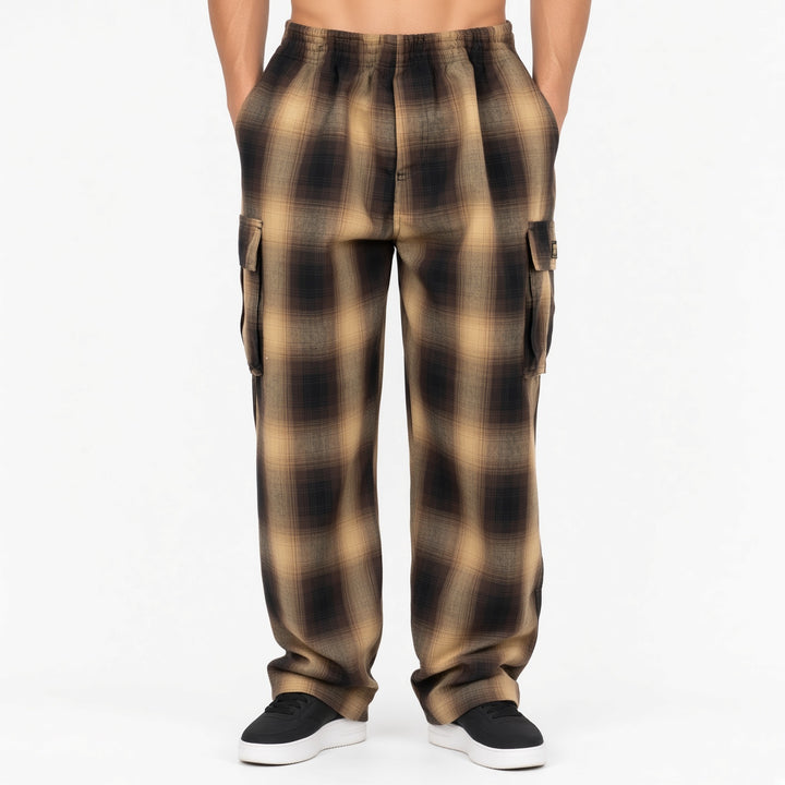 Men Plaid Drawstring Wide‑Leg Cargo Pants