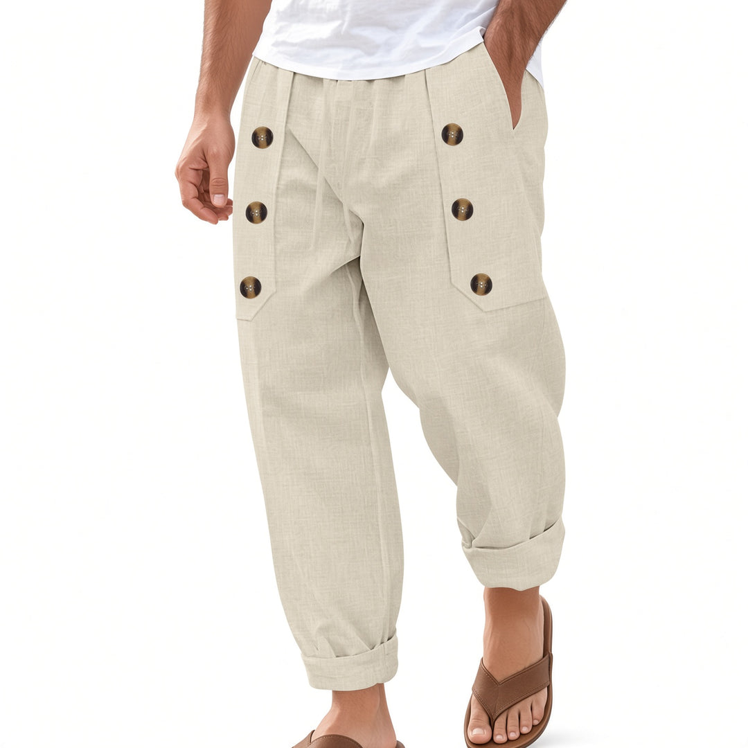 Men Button Decor Elastic Waist Casual Pants