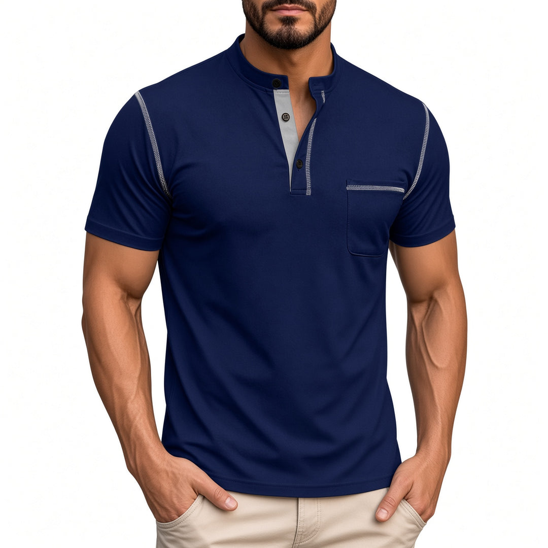 Men Stand Collar Henley Short‑Sleeve Shirt With Chest Pocket