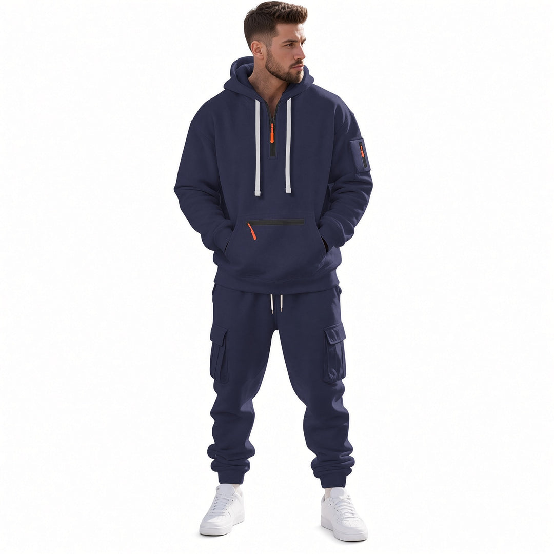 Men Half Zip Hoodie Cargo Jogger Tracksuit 2‑Piece Set