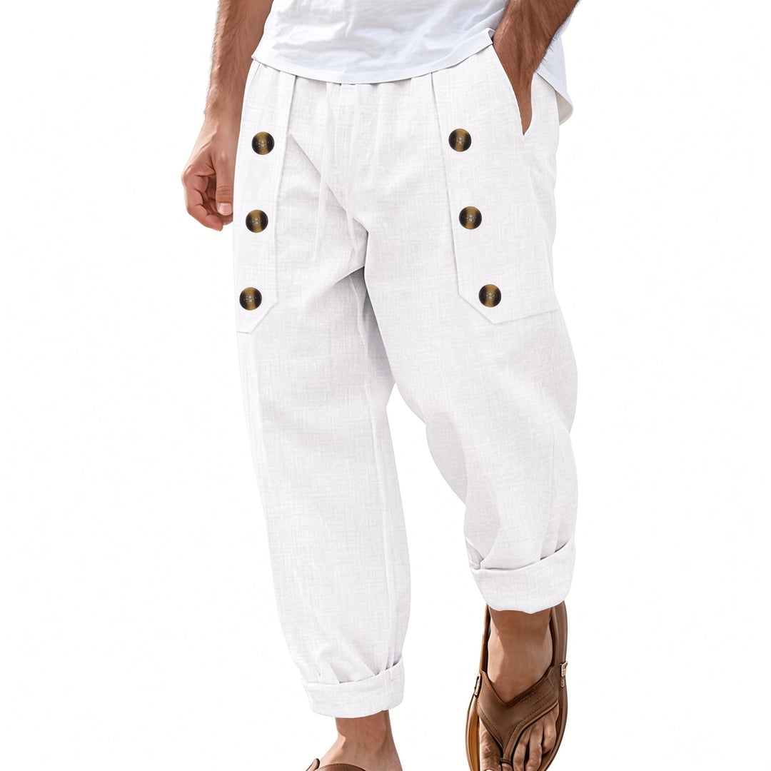 Men Button Decor Elastic Waist Casual Pants
