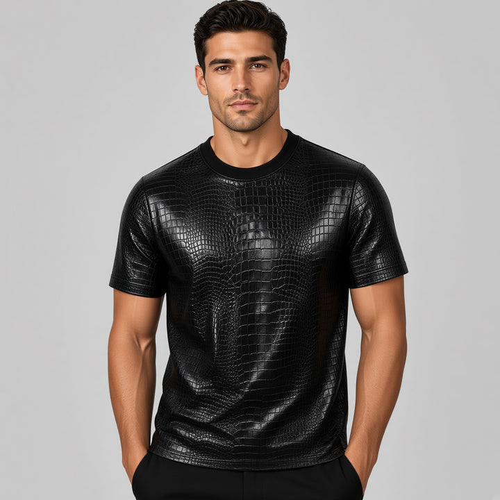 Men Crocodile Embossed Short Sleeve Crew Neck T‑Shirt