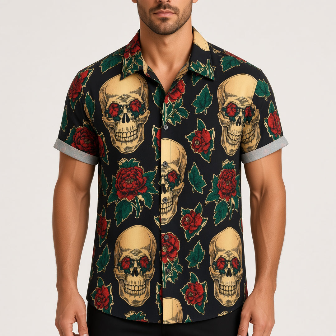 Men Halloween Skull Floral Print Short Sleeve Button Down Shirt