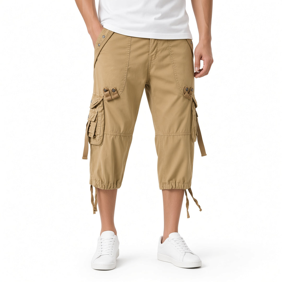 Men Multi‑Pocket Drawstring Capri Cargo Shorts