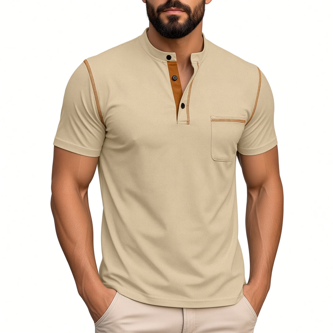 Men Stand Collar Henley Short‑Sleeve Shirt With Chest Pocket