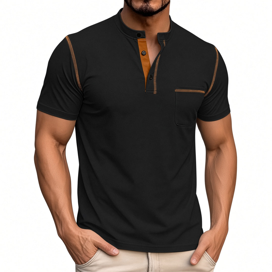 Men Stand Collar Henley Short‑Sleeve Shirt With Chest Pocket