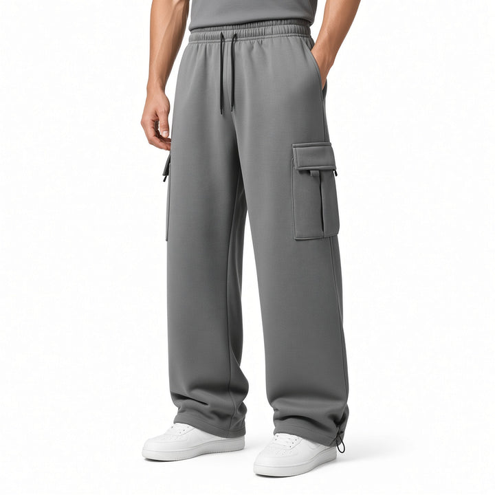 Men Wide‑Leg Cargo Sweatpants with Drawstring Hem