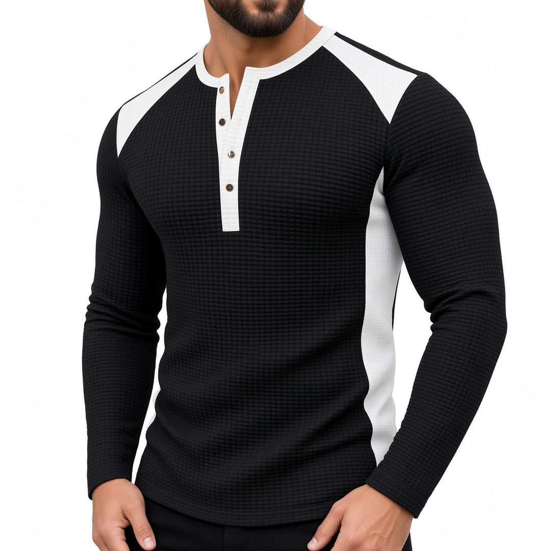 Men Color Block Henley Collar Long Sleeve Top