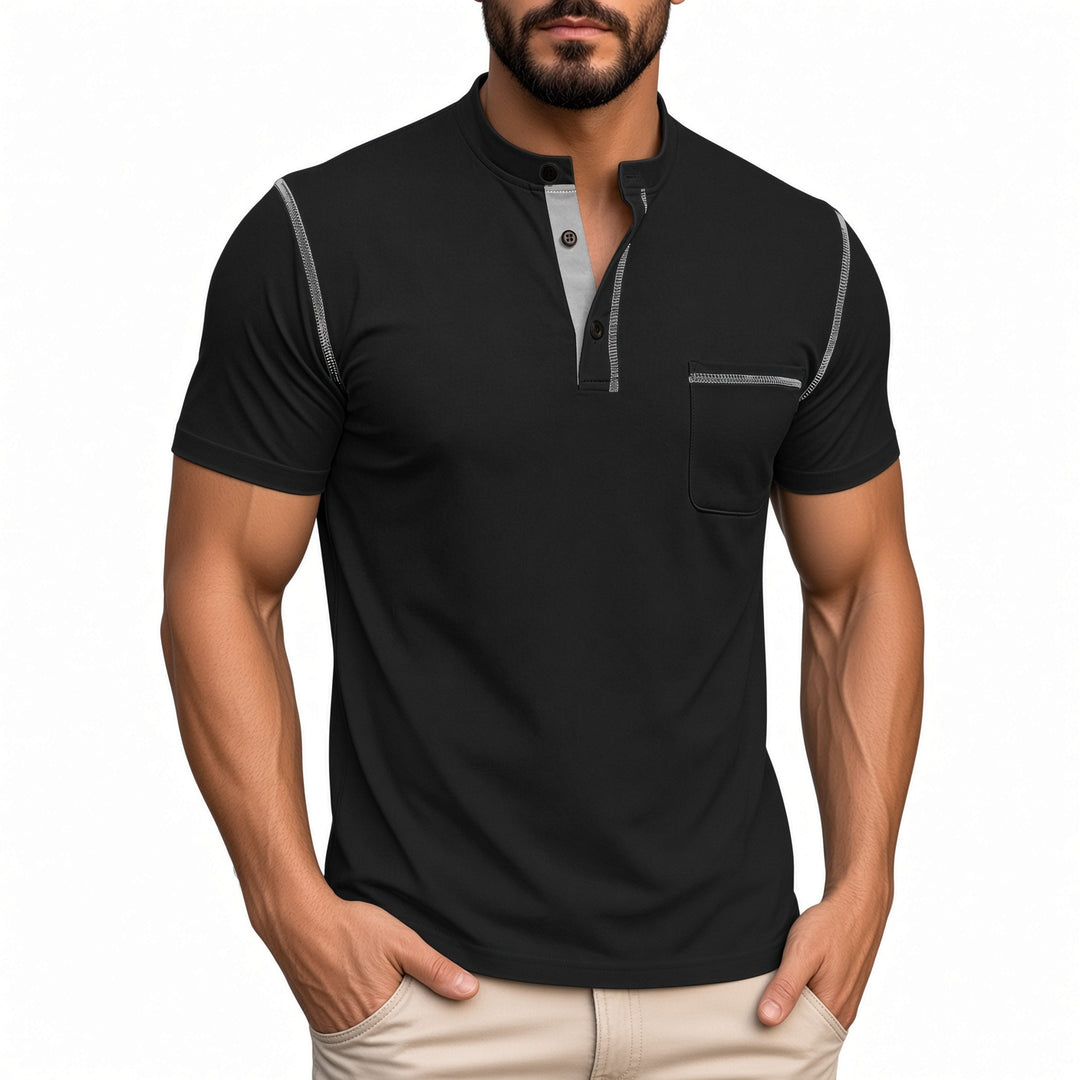 Men Stand Collar Henley Short‑Sleeve Shirt With Chest Pocket