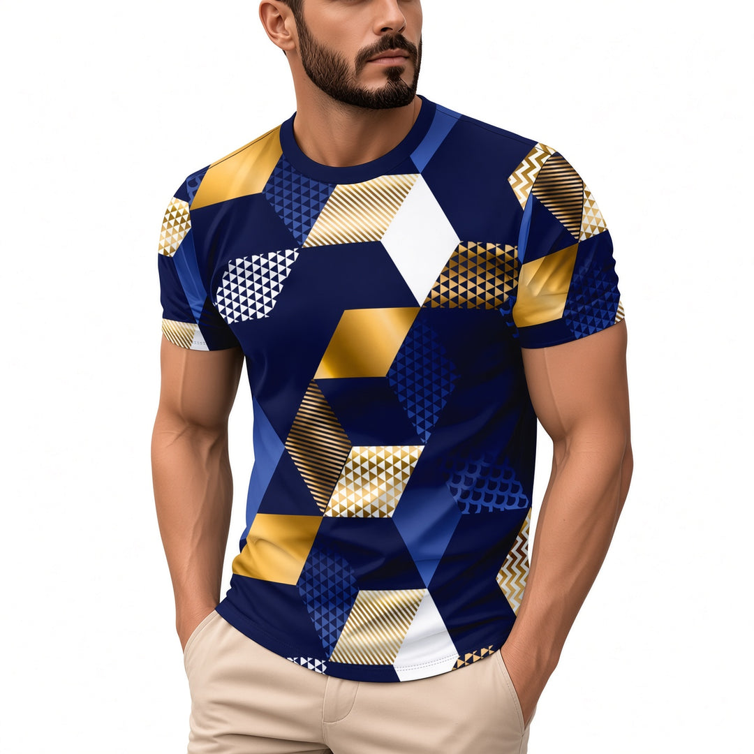 Men Geometric Color Block Print Short Sleeve T‑Shirt
